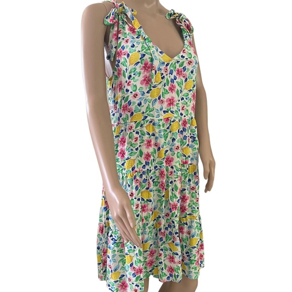 French Grey  Floral Print Sleeveless Summer Dress Empire Waist & Shoulder Ties M - Picture 6 of 15